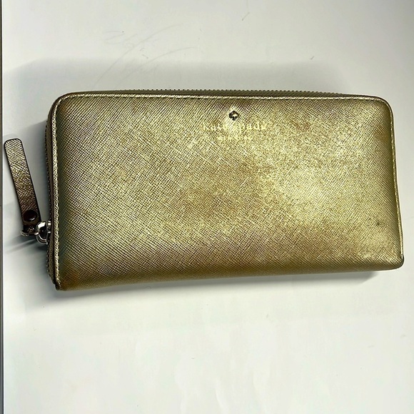 Kate Spade Gold Metallic Leather Zip Around Clutch Wallet - Picture 1 of 11